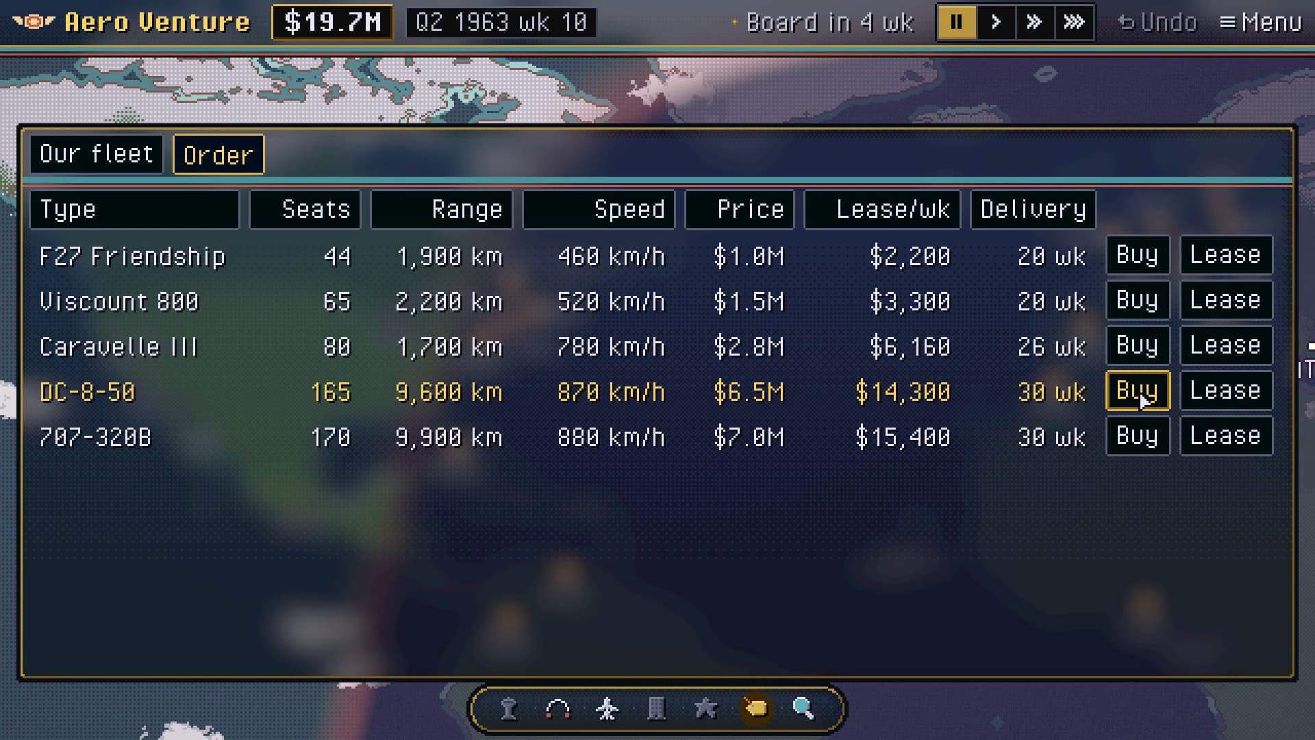 AeroVenture screenshot: order the aircraft of the day