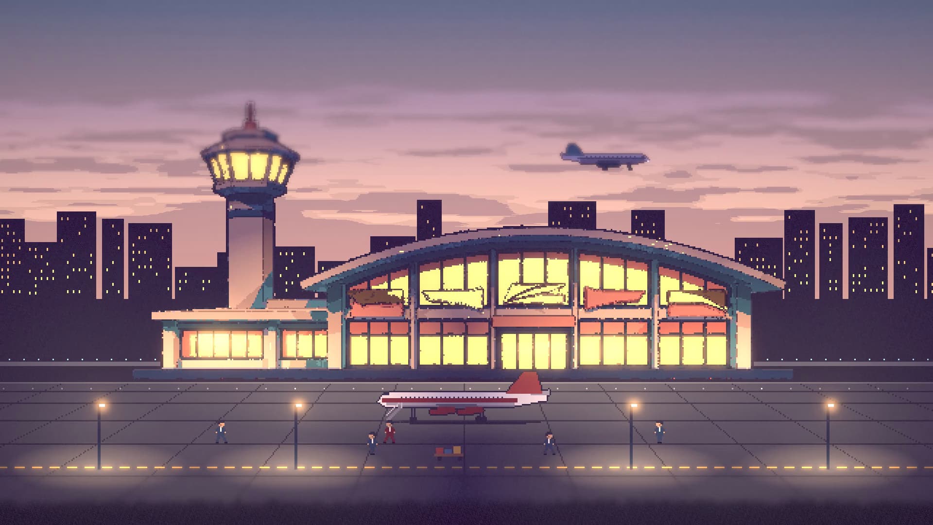 AeroVenture's home airport at dusk: a lit 1960s terminal and control tower, a jet parked on the apron